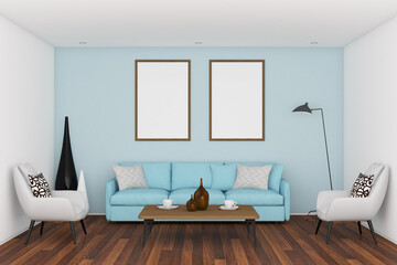 Fototapeta na wymiar 3d render of interior living room minimal with sofa, table, armchair, decoration and frame mock up. Wood parquet floor, light blue wall background, white ceiling. Set 3