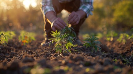Naklejka premium A farmer planting new cannabis seedlings in a prepared field
