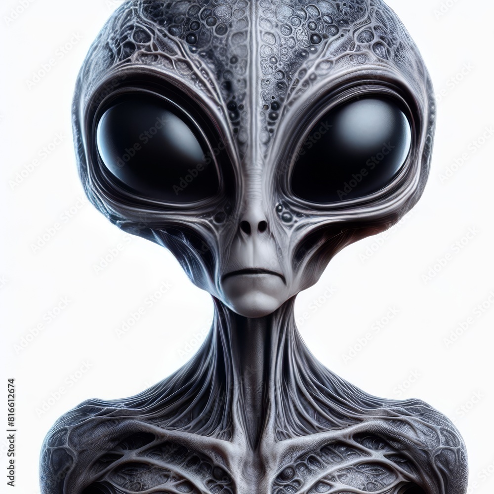 Poster a hyper-realistic portrait of an alien being with large black eyes, embodying extraterrestrial intel