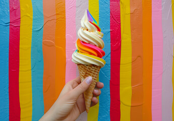 A hand holding an ice cream cone with rainbow colored swirls of soft serve against , generative ai