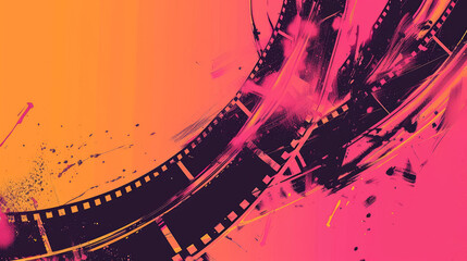 Orange and magenta background with a film strip design.