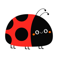 Lady bug, lady bird. Cute cartoon kawaii funny baby character. Happy Valentines Day. Black and red insect icon. Card Sticker print. Childish style. Flat design. Isolated White background. Vector