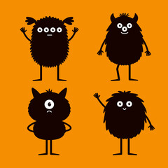 Monster set. Happy Halloween. Black silhouette monsters. Cute different faces. Kawaii cartoon funny boo character. Eyes, teeth, horns hands. Childish style. Flat design. Orange background. Vector
