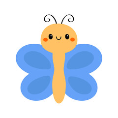 Butterfly icon. Flying blue color insect. Cute bug. Cartoon kawaii funny baby animal character. Smiling face. Baby kids collection. Childish style. Flat design. Isolated. White background. Vector
