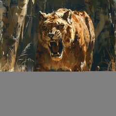 A portrait of Smilodon standing ready to attack, with sharp eyes and sharp saber teeth, Generate AI.