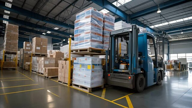 Large retail warehouse full of shelves with goods stored in cartons , Logistics and transportation for Product Delivery