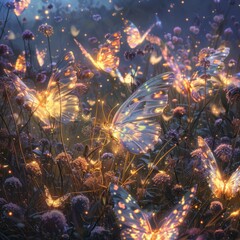 A meadow where giant, luminescent butterflies create patterns in the air.
