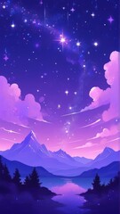 Obraz premium starry night stars mountain, pastel wallpaper, purple clouds illustration, forest at night, glowing stars, mountain reflect on sea