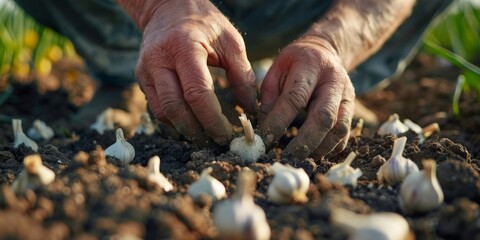 A farmer's hands planting organic garlic cloves in rich, fertile soil.