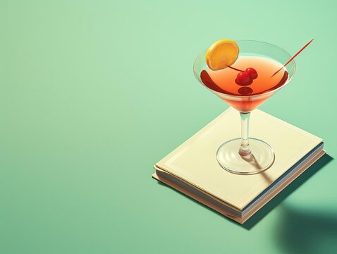 Elegant minimal still life of a cosmopolitan cocktail on a book against a pastel green background.