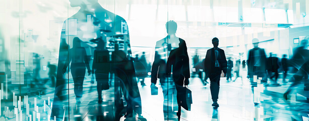 Abstract image of business people walking in a busy office environment with motion blur and blue overlay, symbolizing corporate life and hustle.
