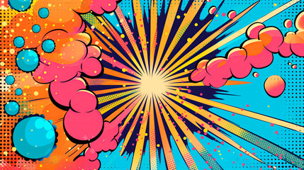 Vibrant pop art illustration featuring an explosive burst of colors with pink, blue, and orange comic book style elements.