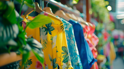 Colorful tropical shirts on hangers in an outdoor market setting, surrounded by greenery, showcasing vibrant summer fashion.