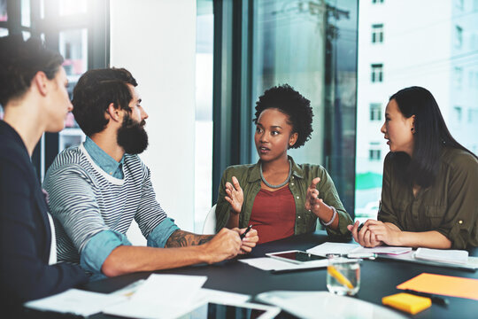 Business people, meeting and paperwork for teamwork, recruitment training and brainstorming in office. Seminar, trainee group and communication with documents for intern learning, feedback and advice