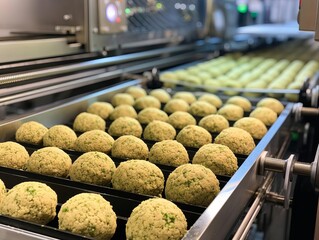 Falafel balls on a conveyor belt in a factory