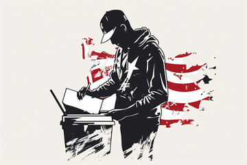 Illustration of a person casting a vote with an American flag background symbolizing democracy and civic duty