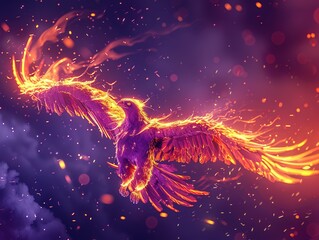 A huge ferocious majestic eagle like a phoenix with golden in 3D game style, Purple War flames background, Generate AI