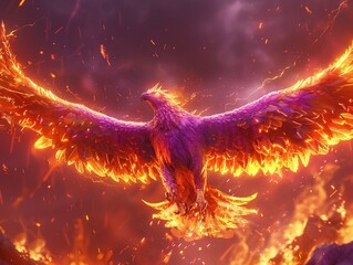 A huge ferocious majestic eagle like a phoenix with golden in 3D game style, Purple War flames background, Generate AI