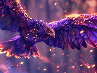 A huge ferocious majestic eagle like a phoenix with golden in 3D game style, Purple War flames background, Generate AI