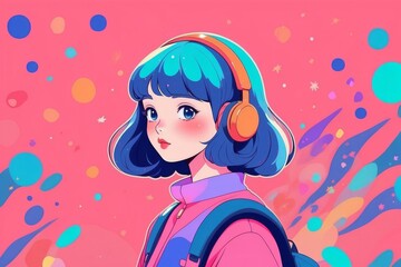 girl with headphones, girl listening music, calm teen anime girl, cute girl portrait, short hair cartoon girl, background color splash, innocent girl expression