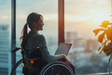 A smiling woman in a wheelchair sits in an office, laptop on her knees, overlooking the cityscape, showcasing inclusivity and productivity in the workplace. - Powered by Adobe