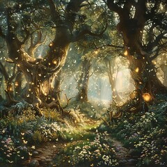 An enchanted forest where the trees sing and dance. 