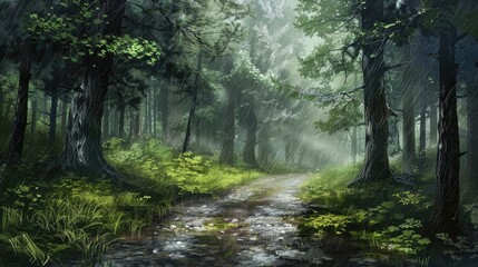 Fototapeta premium Forest Trail on a Rainy Day