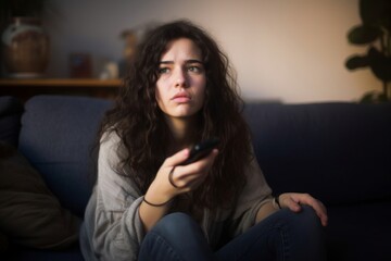 woman sitting on sofa using a remote control