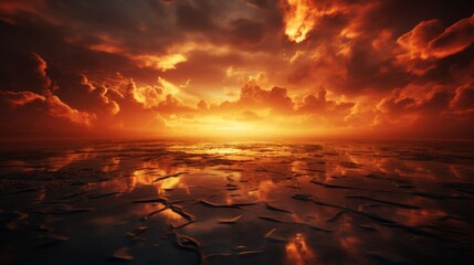 Fiery red and orange sky over dark ocean