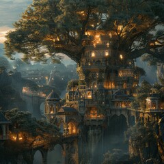 A city built entirely on the branches of a massive, ancient tree. --stylize 250 Job ID: d04de38f-99b3-4406-bcac-3b4af57674d1