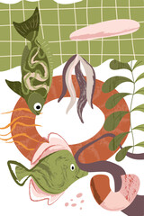 Nautical modern poster. Abstract shapes, fish, sea plants. Template for poster, postcard, banner. Vector illustration in flat modern style. 
