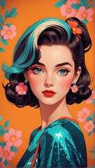 beautiful girl floral portrait, retro girl illustration, blue eyes fashion model, colored hair of girl, fashion icon, antique old style girl portrait