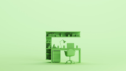 Office home studio space desk chair remote working green mint background 3d illustration render digital rendering