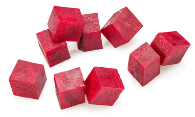 Raw red beetroot cubes isolated on white background.