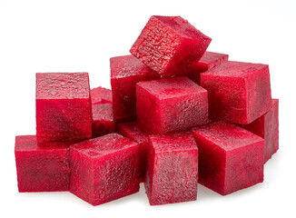 Raw red beetroot cubes isolated on white background.