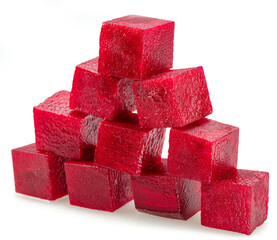 Raw red beetroot cubes arranged as pyramid isolated on white background.