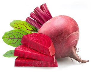 Red beetroot and beetroot slices isolated on white background.