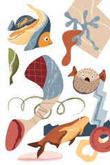 Nautical modern poster. Abstract shapes, fish, sea plants. Template for poster, postcard, banner. Vector illustration in flat modern style. 
