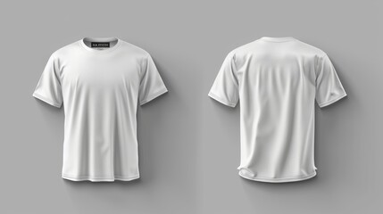 Two mockup images of a blank white t-shirt viewed from the front and back, set against a neutral gray background perfect for design templates
