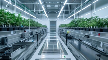 A high-tech cannabis cultivation lab with automated nutrient delivery systems