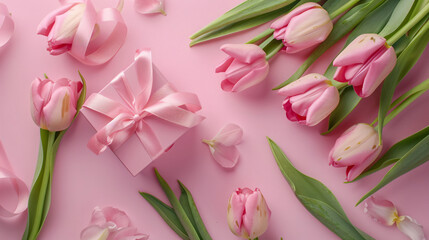 Gift box and beautiful tulip flowers on pink background