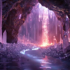 A crystal cavern with a river of liquid light flowing through it.