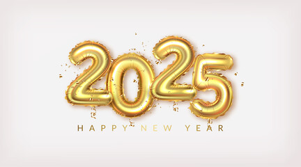 Happy New Year 2025 greeting card. Golden realistic balloon numbers 2025 with shadow.	