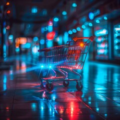Smart shopping carts, smart gadgets for the supermarket, technological innovative gadgets for selling and counting products. Concept: stores without cashiers and salespeople.