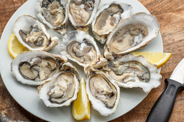 Opened raw oysters with sauce and lemon slices on plate on wooden table. Top view.