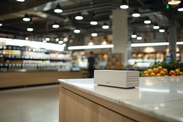 A robotic device for automating processes in a supermarket, placed next to vegetables and fruits