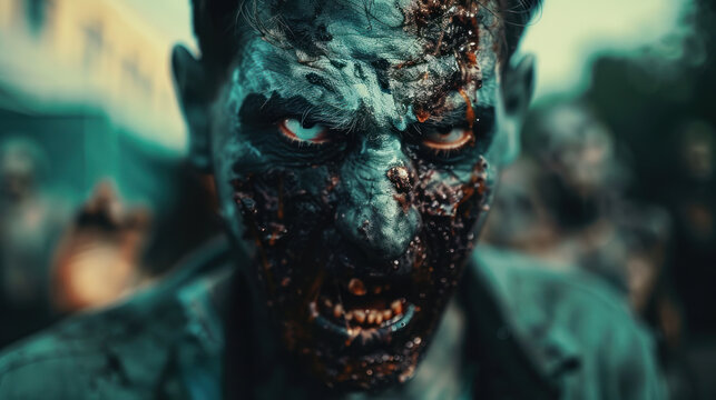 Spooky Halloween zombie in a scary horror movie.