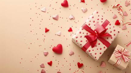 Gift boxes on beige background. Valentines Day 