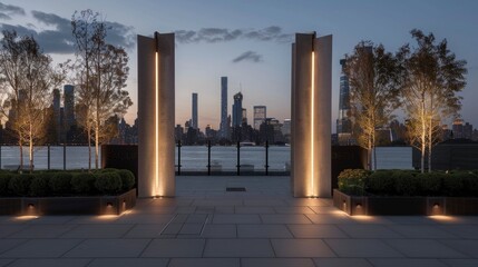 Serene Dusk at Urban Waterfront Park with Illuminated Pillars and City Skyline
