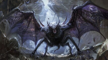 Fearsome Fantasy Bat Creature Emerging from Cave
